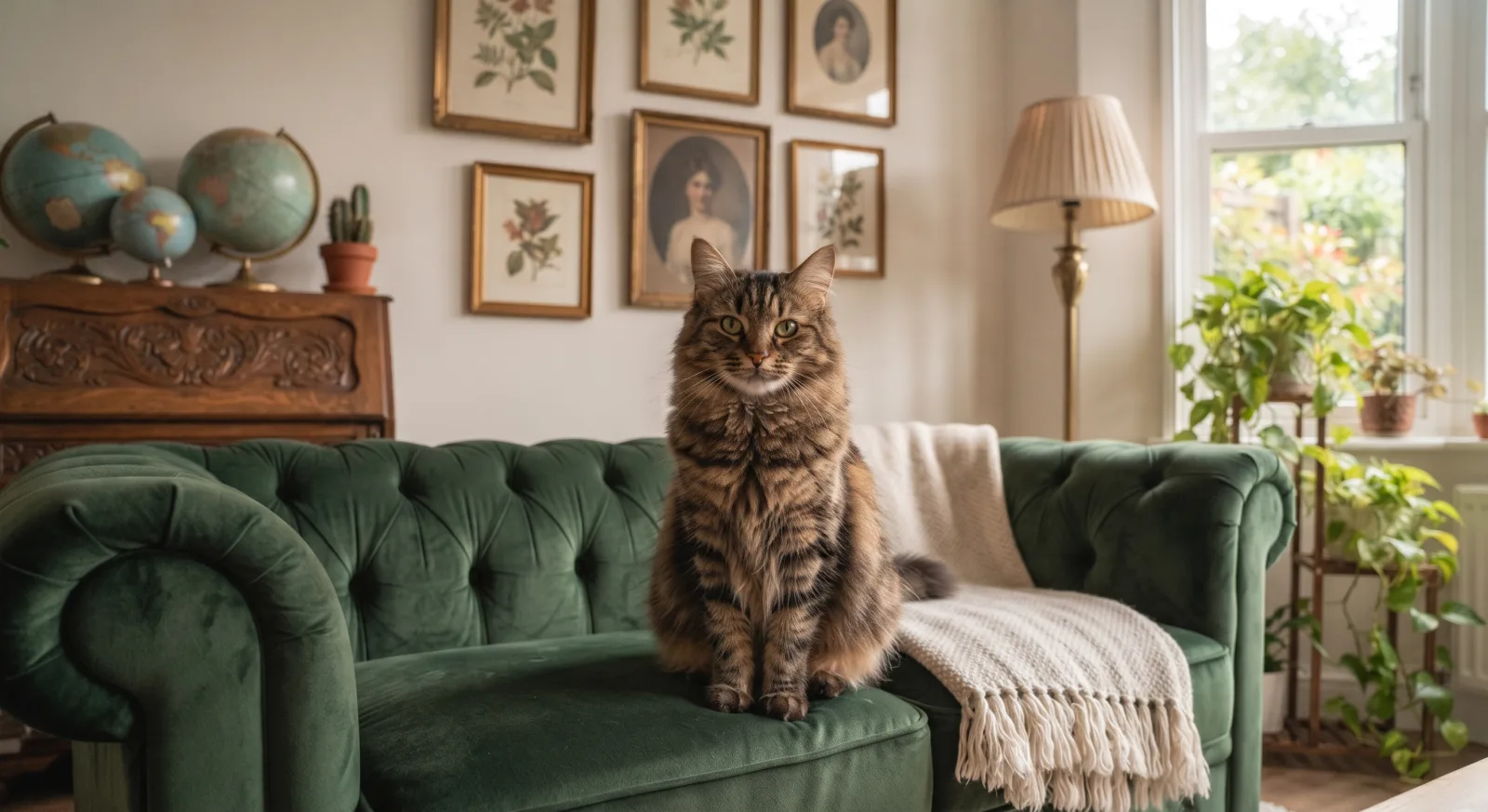 A relaxed brown tabby cat on a sofa.