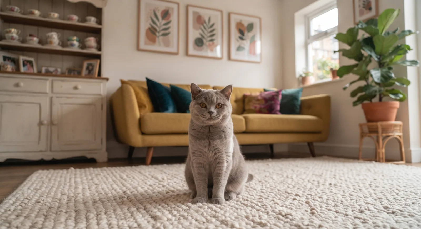 A grey British Shorthair cat settled into a new home.
