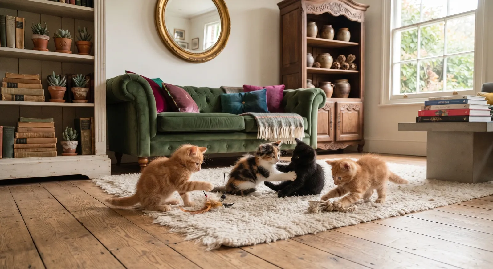 A litter of kittens playing together at home.