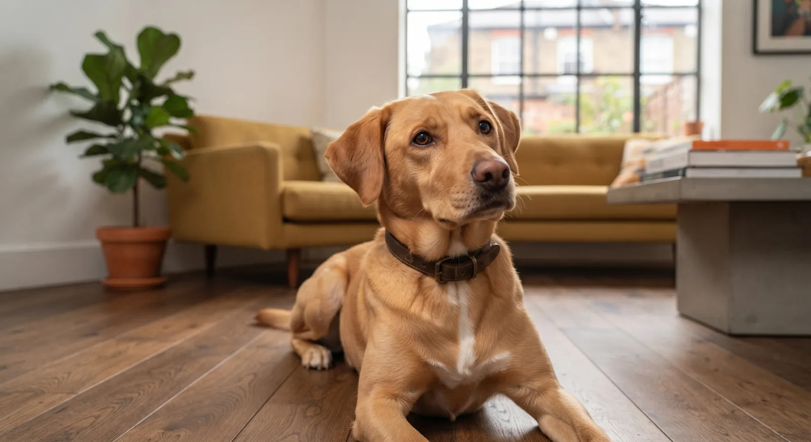 A Golden Labrador at home, ready to meet a new family.