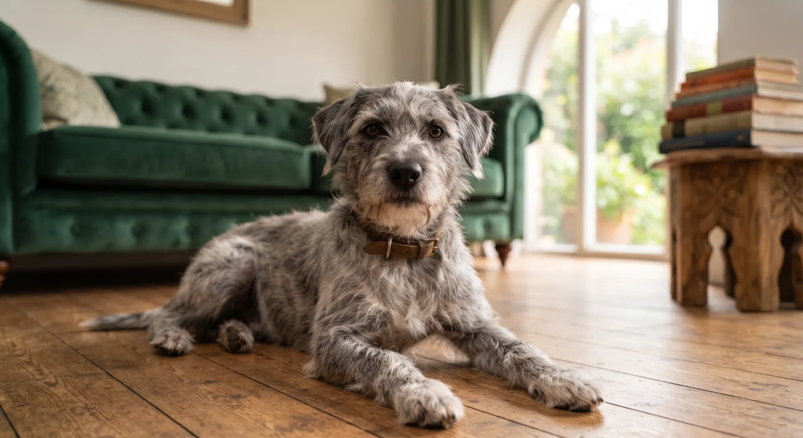 A grey terrier mix at home