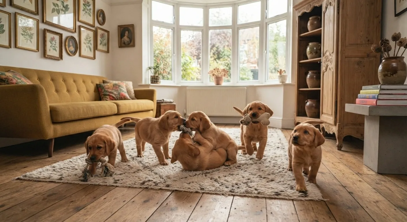 A litter of Golden Retriever puppies playing together at home.
