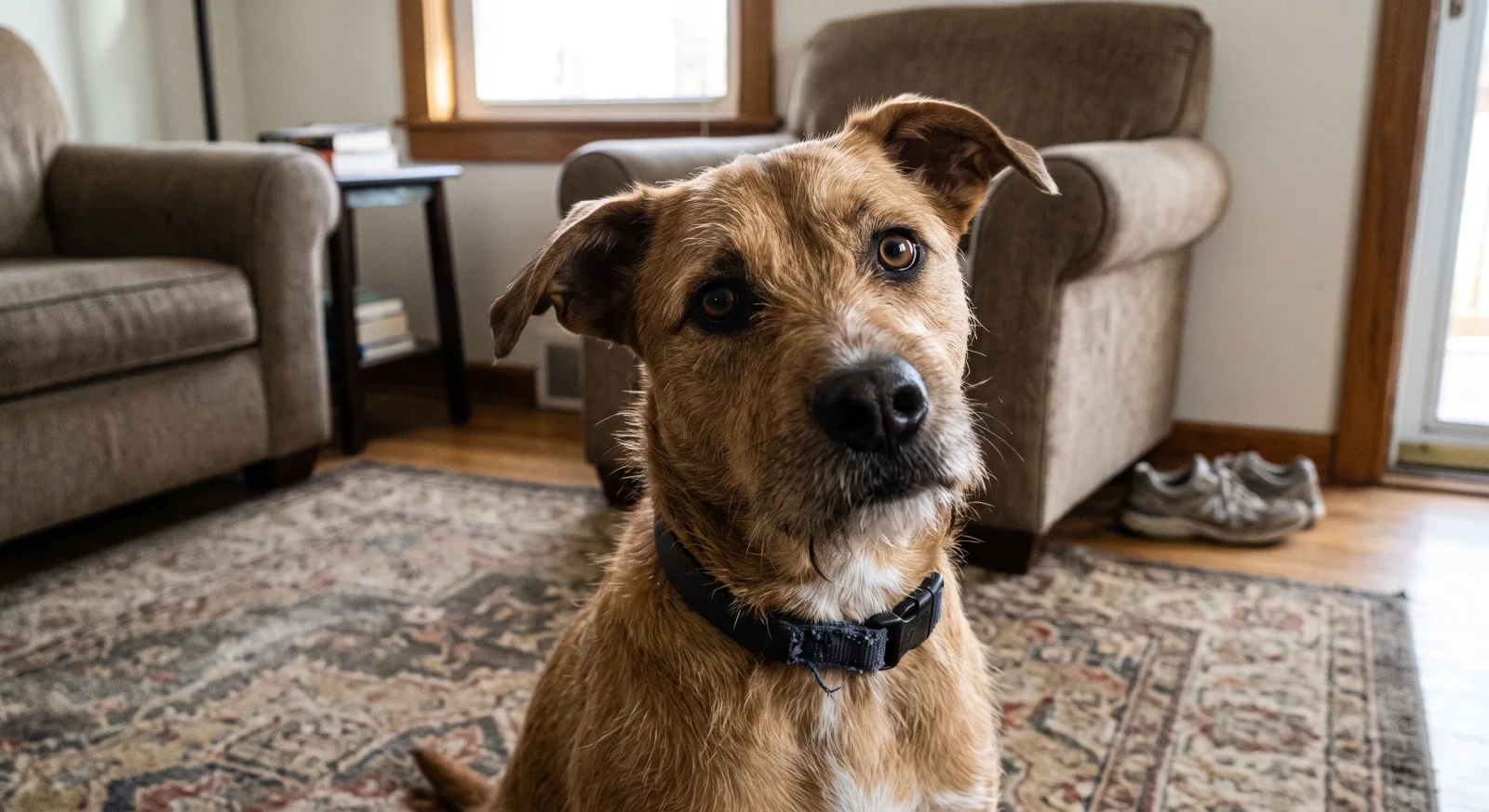 A worried-looking terrier mix — the kind of face every lost pet report is trying to bring home.