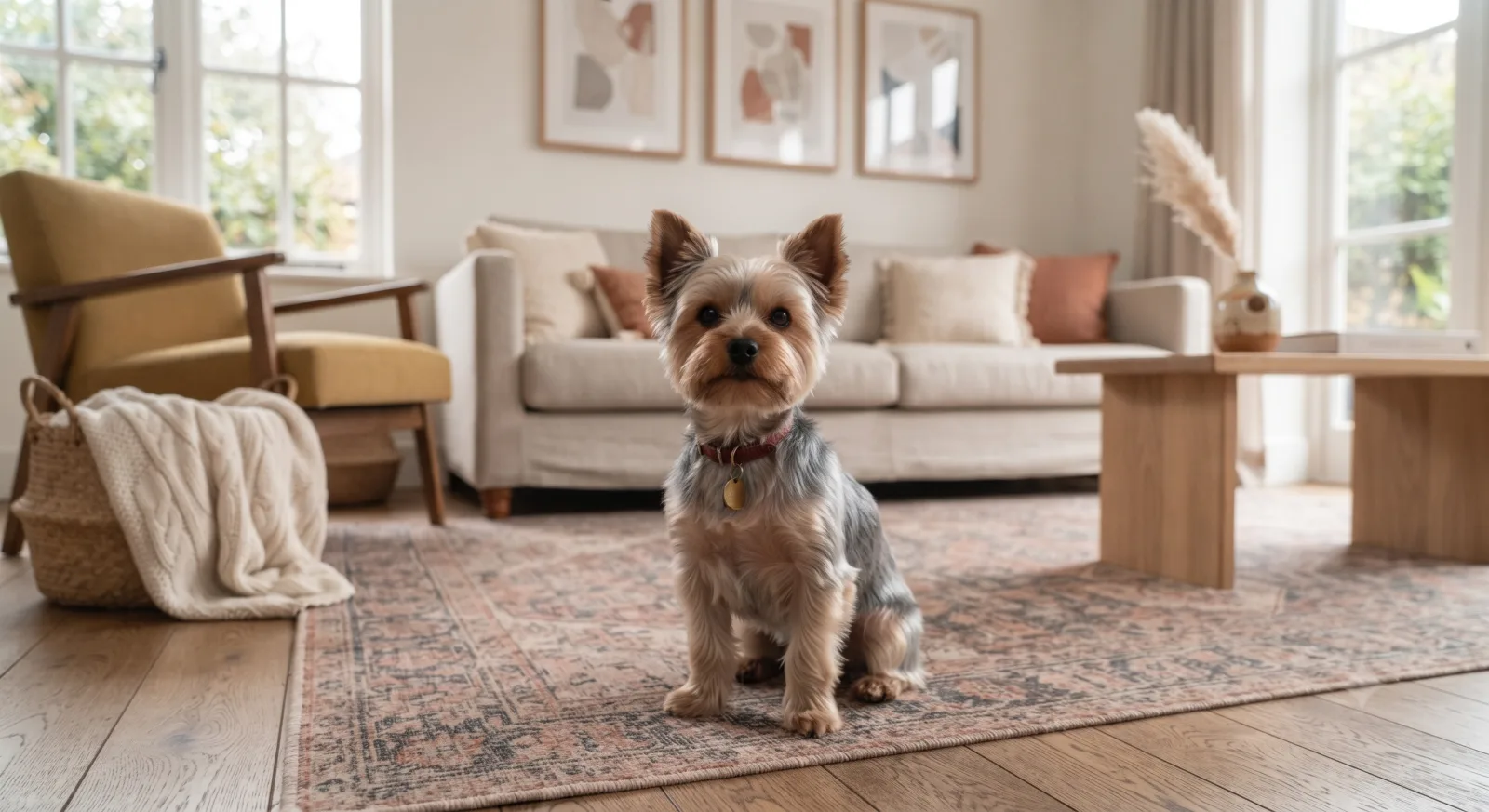 A Yorkshire Terrier relaxing at home.
